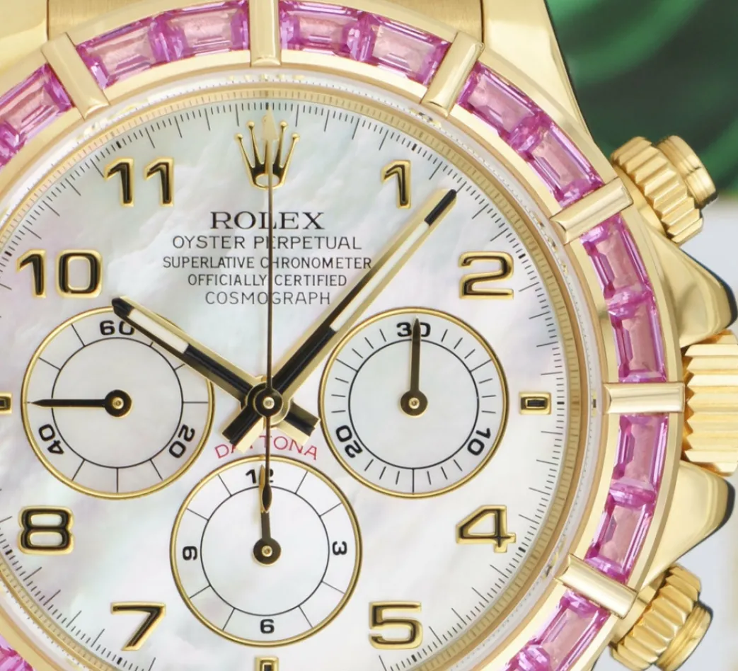 rolex_kt_gold_daytona_mot_7.webp Racing Professional Watches | Sant Blanc ROLEX 18kt Gold Daytona Mother of Pearl Arabic Custom Bezel Lizard Strap Model 16518