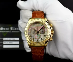 Men's Watches | Racing Professional Watches | Sant Blanc ROLEX 18kt Gold Daytona Tahitian Mother of Pearl Roman Brown Strap Model 116518