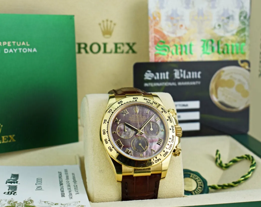rolex_kt_gold_daytona_tah_2-1.webp Men's Watches | Racing Professional Watches | Sant Blanc ROLEX 18kt Gold Daytona Tahitian Mother of Pearl Roman Dial Burgundy Strap Model 116518