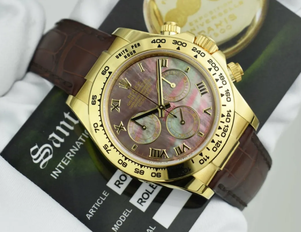 rolex_kt_gold_daytona_tah_4-1.webp Men's Watches | Racing Professional Watches | Sant Blanc ROLEX 18kt Gold Daytona Tahitian Mother of Pearl Roman Dial Burgundy Strap Model 116518