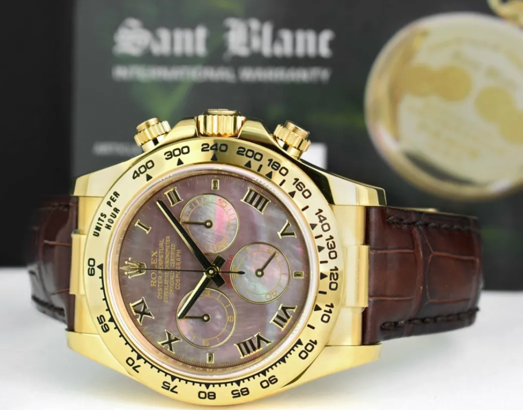rolex_kt_gold_daytona_tah_5-1.webp Men's Watches | Racing Professional Watches | Sant Blanc ROLEX 18kt Gold Daytona Tahitian Mother of Pearl Roman Dial Burgundy Strap Model 116518