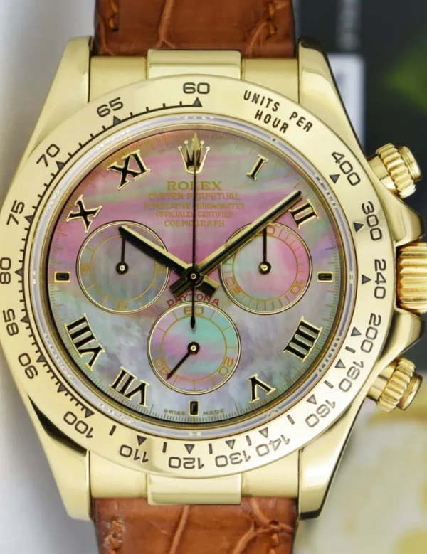 Men's Watches | Racing Professional Watches | Sant Blanc ROLEX 18kt Gold Daytona Tahitian Mother of Pearl Roman Brown Strap Model 116518