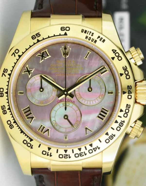 Men's Watches | Racing Professional Watches | Sant Blanc ROLEX 18kt Gold Daytona Tahitian Mother of Pearl Roman Dial Burgundy Strap Model 116518
