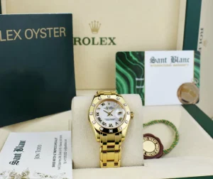 The Masterpiece | Ladies Watches | Sant Blanc ROLEX 18kt Gold Pearlmaster Masterpiece Mother of Pearl Roman with Papers Model 80318
