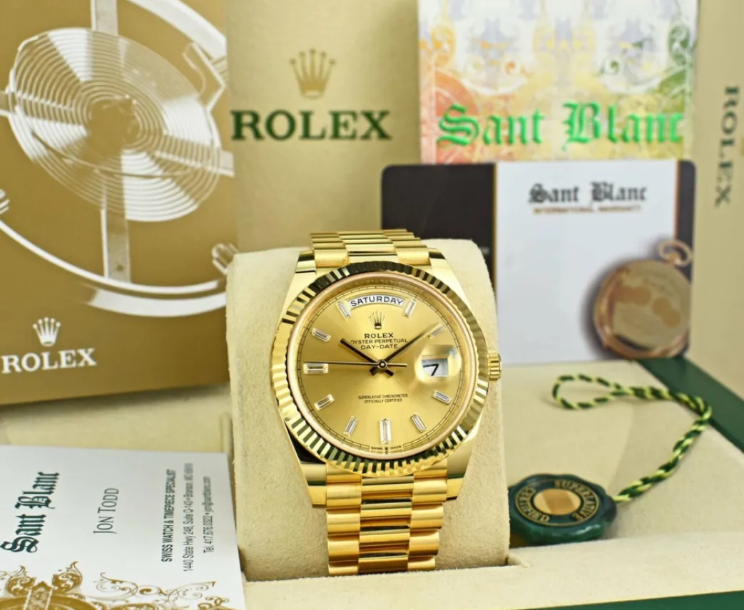 rolex_kt_gold_president_d_1-1.webp Men's Watches | President Dress Watches | Sant Blanc ROLEX 18kt Gold President Day Date 40 Champagne Diamond Dial Model 228238