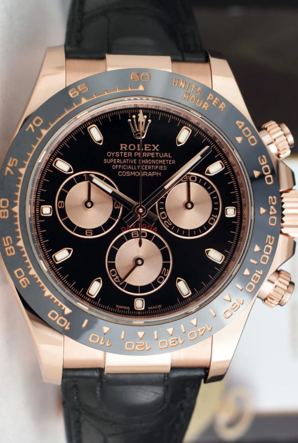 rolex_kt_rose_gold_dayton_2-1.webp Racing Professional Watches | Sant Blanc ROLEX 18kt Rose Gold Daytona Leather Strap Black Rose Panda 116515
