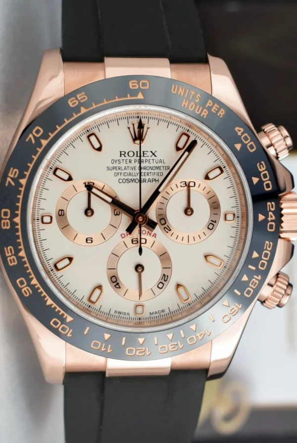 Men's Watches | Racing Professional Watches | Sant Blanc ROLEX 18kt Rose Gold Daytona Oysterflex Strap Ivory Index Model 116515 LN