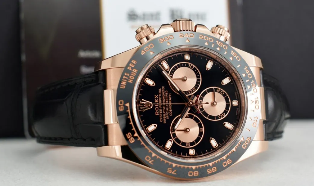 rolex_kt_rose_gold_dayton_5-1.webp Racing Professional Watches | Sant Blanc ROLEX 18kt Rose Gold Daytona Leather Strap Black Rose Panda 116515