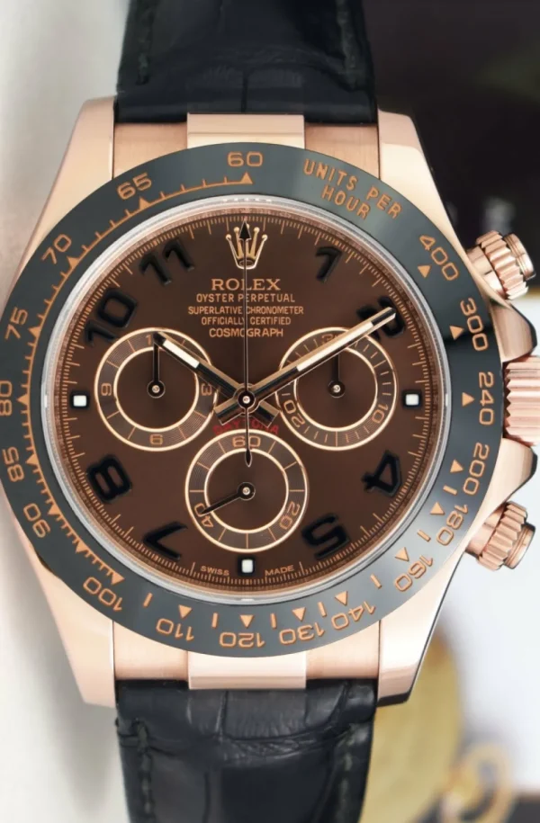 Men's Watches | Racing Professional Watches | Sant Blanc ROLEX 18kt Rose Gold Daytona Chocolate Arabic Dial Black Ceramic Bezel Model 116515