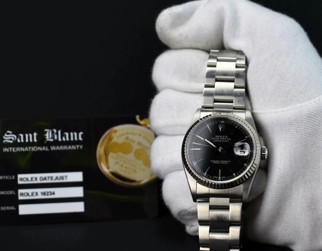 rolex_kt_white_gold__stai_1-9.webp Men's Watches | Dress Watches | Sant Blanc Rolex 18kt White Gold & Stainless Steel Datejust Black Stick Dial Oyster Band Model 16234