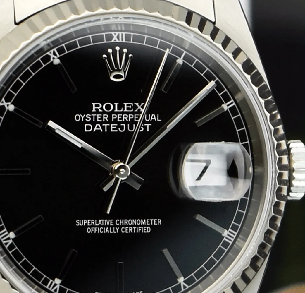 rolex_kt_white_gold__stai_10-1.webp Men's Watches | Dress Watches | Sant Blanc Rolex 18kt White Gold & Stainless Steel Datejust Black Stick Dial Oyster Band Model 16234