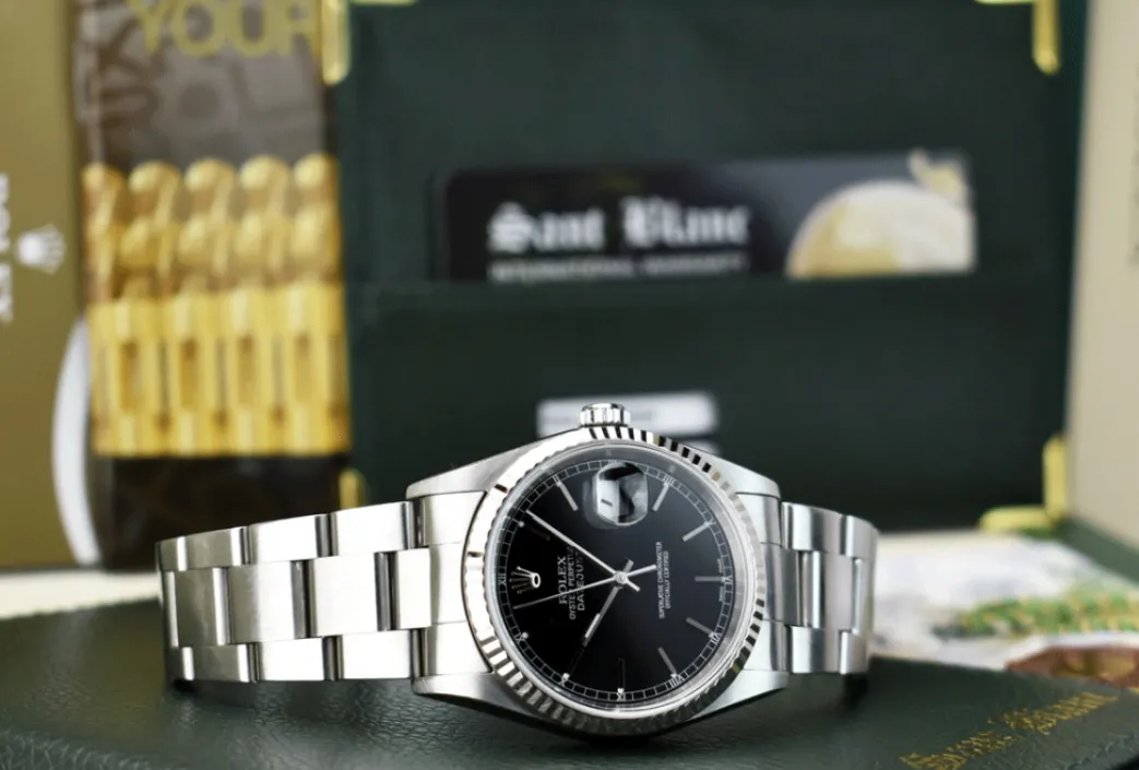 rolex_kt_white_gold__stai_2-8.webp Men's Watches | Dress Watches | Sant Blanc Rolex 18kt White Gold & Stainless Steel Datejust Black Stick Dial Oyster Band Model 16234