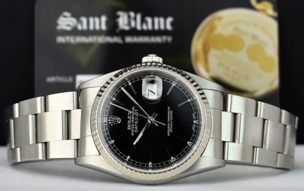 rolex_kt_white_gold__stai_3-9.webp Men's Watches | Dress Watches | Sant Blanc Rolex 18kt White Gold & Stainless Steel Datejust Black Stick Dial Oyster Band Model 16234