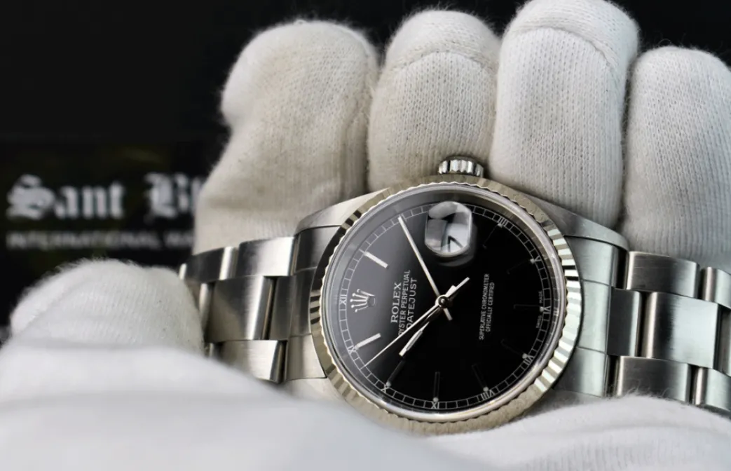 rolex_kt_white_gold__stai_4-9.webp Men's Watches | Dress Watches | Sant Blanc Rolex 18kt White Gold & Stainless Steel Datejust Black Stick Dial Oyster Band Model 16234