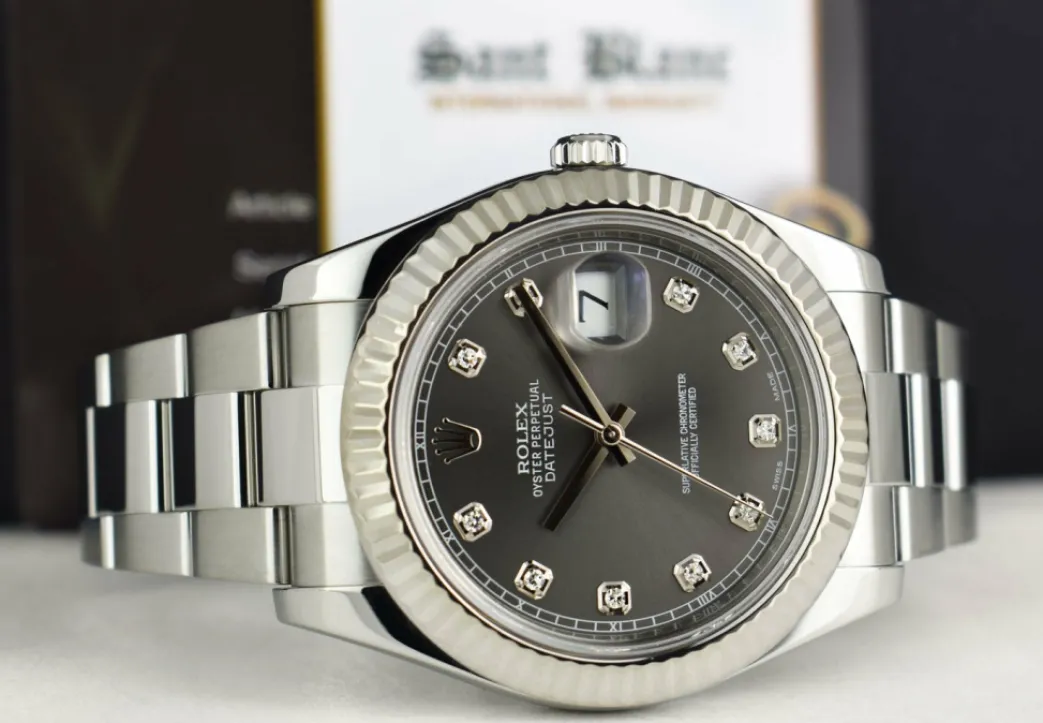 rolex_kt_white_gold__stai_5-7.webp Dress Watches | Men's Watches | Sant Blanc ROLEX 18kt White Gold & Stainless Steel DateJust II Rhodium Gray Diamond Dial Model 116334
