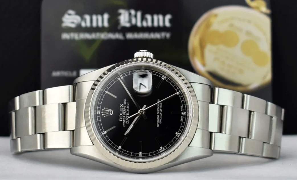 rolex_kt_white_gold__stai_5-9.webp Men's Watches | Dress Watches | Sant Blanc Rolex 18kt White Gold & Stainless Steel Datejust Black Stick Dial Oyster Band Model 16234