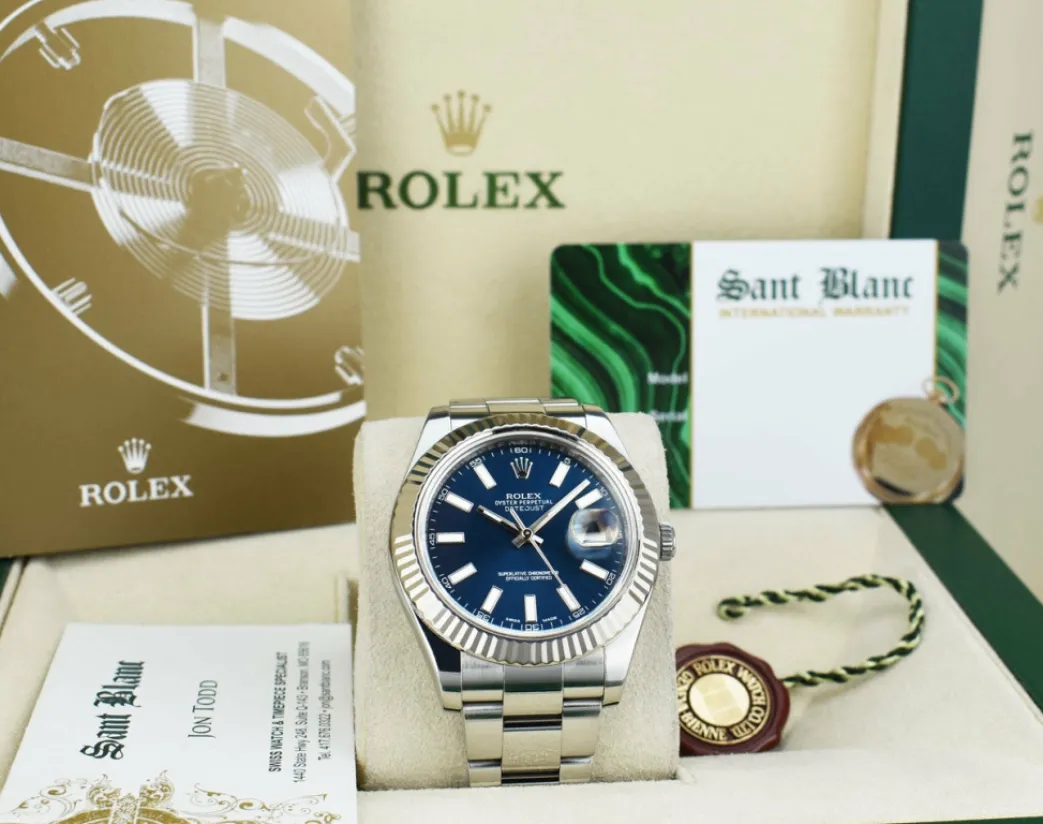rolex_kt_white_gold__stai_7-4.webp Dress Watches | Sant Blanc ROLEX 18kt White Gold & Stainless Steel DateJust II Blue Index Dial w/ Card Model 116334