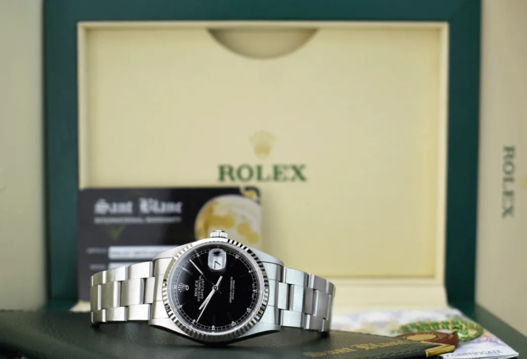 rolex_kt_white_gold__stai_7-7.webp Men's Watches | Dress Watches | Sant Blanc Rolex 18kt White Gold & Stainless Steel Datejust Black Stick Dial Oyster Band Model 16234