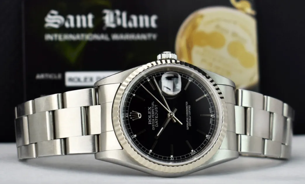 rolex_kt_white_gold__stai_8-5.webp Men's Watches | Dress Watches | Sant Blanc Rolex 18kt White Gold & Stainless Steel Datejust Black Stick Dial Oyster Band Model 16234