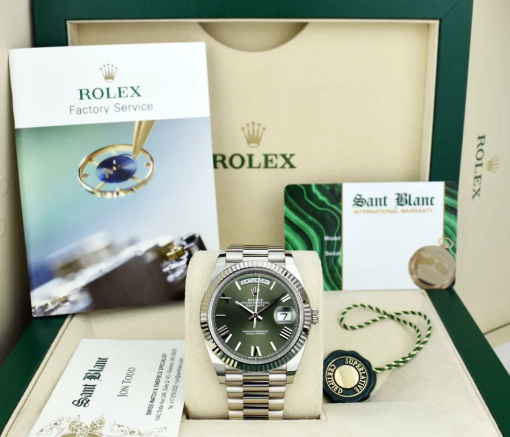rolex_kt_white_gold_day_d_0.webp President Dress Watches | Sant Blanc ROLEX 18kt White Gold Day Date 40 President Green Roman Model 228239