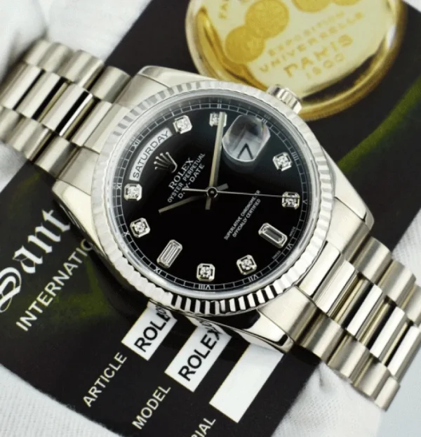 Men's Watches | President Dress Watches | Sant Blanc ROLEX 18kt White Gold Day Date President Black Diamond Dial Fat Buckle Model 118239