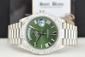 Men's Watches | President Dress Watches | Sant Blanc ROLEX 18kt White Gold Day Date 40 President Green Roman Dial Baguette Diamond Bezel Model 228239