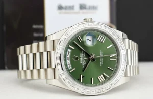 Men's Watches | President Dress Watches | Sant Blanc ROLEX 18kt White Gold Day Date 40 President Green Roman Dial Baguette Diamond Bezel Model 228239