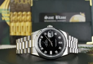 Men's Watches | President Dress Watches | Sant Blanc ROLEX 18kt White Gold Day Date President Black Diamond Dial Fat Buckle Model 118239