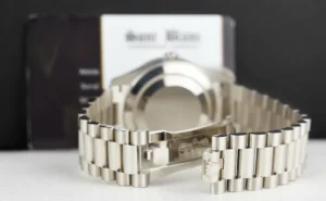 Men's Watches | President Dress Watches | Sant Blanc ROLEX 18kt White Gold Day Date 40 President Green Roman Dial Baguette Diamond Bezel Model 228239