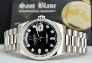Men's Watches | President Dress Watches | Sant Blanc ROLEX 18kt White Gold Day Date President Black Diamond Dial Fat Buckle Model 118239