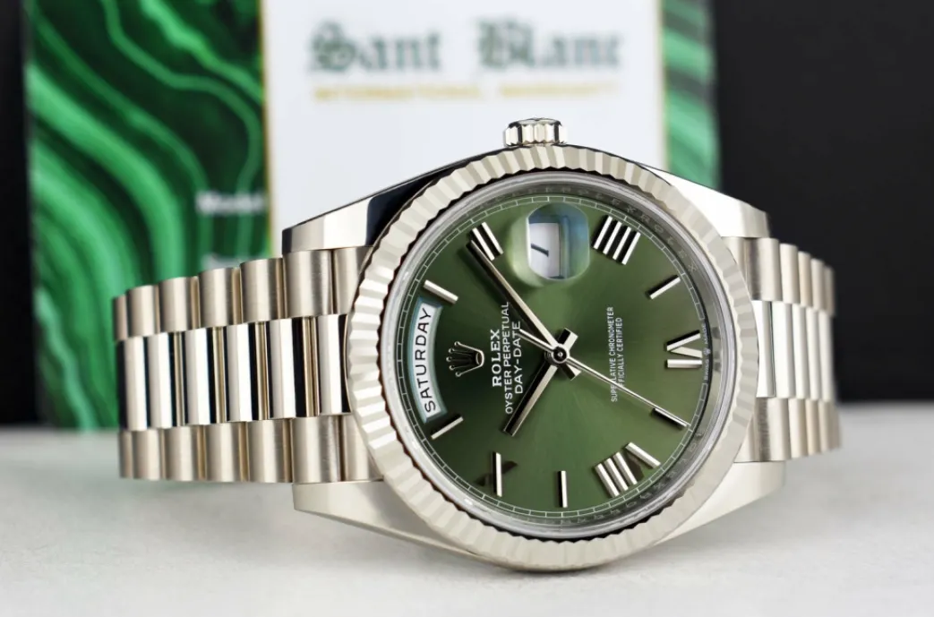 rolex_kt_white_gold_day_d_5.webp President Dress Watches | Sant Blanc ROLEX 18kt White Gold Day Date 40 President Green Roman Model 228239