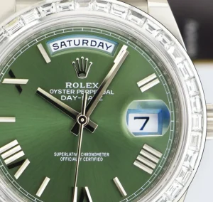 Men's Watches | President Dress Watches | Sant Blanc ROLEX 18kt White Gold Day Date 40 President Green Roman Dial Baguette Diamond Bezel Model 228239