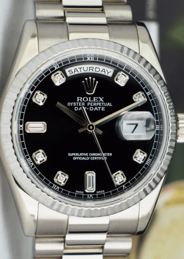 Men's Watches | President Dress Watches | Sant Blanc ROLEX 18kt White Gold Day Date President Black Diamond Dial Fat Buckle Model 118239