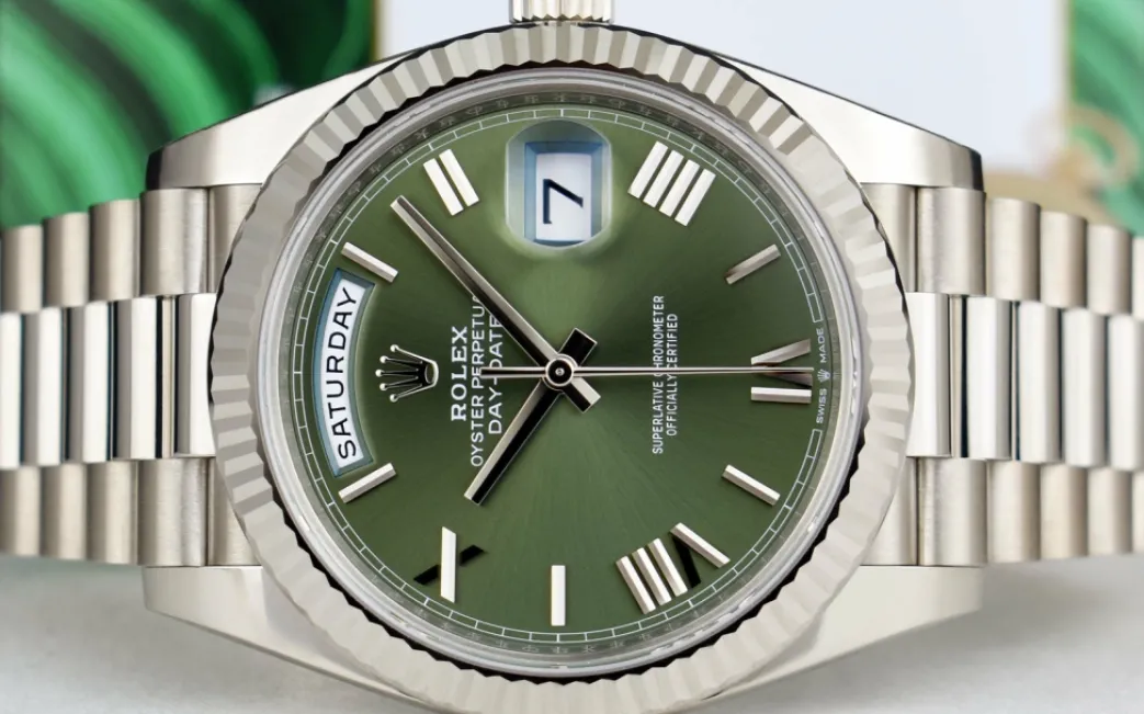rolex_kt_white_gold_day_d_7.webp President Dress Watches | Sant Blanc ROLEX 18kt White Gold Day Date 40 President Green Roman Model 228239