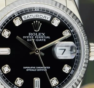 Men's Watches | President Dress Watches | Sant Blanc ROLEX 18kt White Gold Day Date President Black Diamond Dial Fat Buckle Model 118239