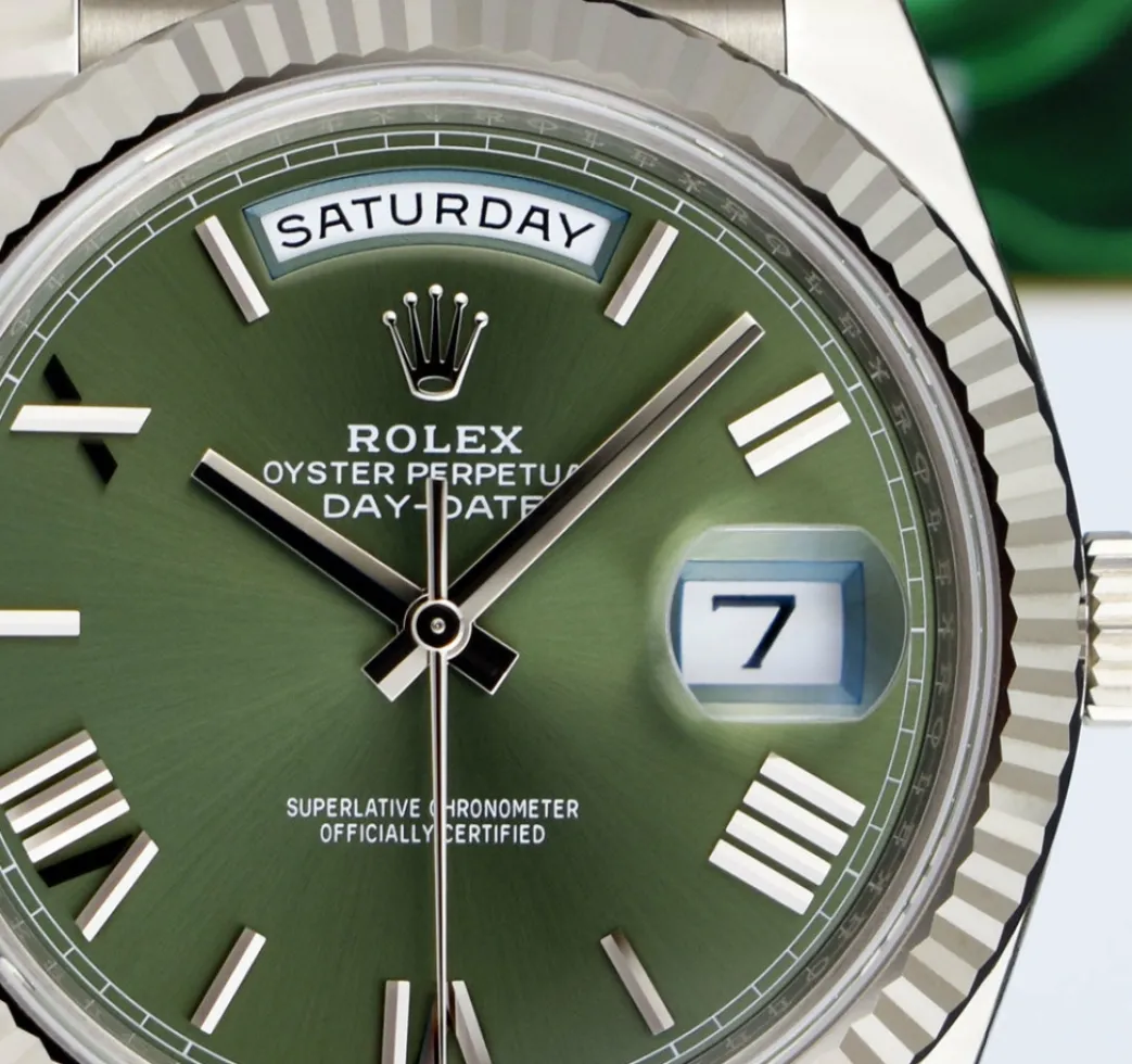 rolex_kt_white_gold_day_d_9.webp President Dress Watches | Sant Blanc ROLEX 18kt White Gold Day Date 40 President Green Roman Model 228239