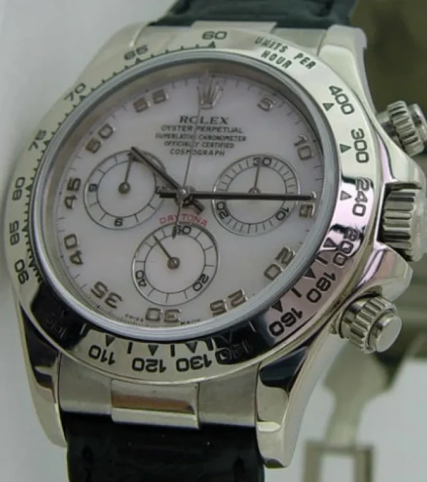 Sports Watches | Racing Professional Watches | Sant Blanc ROLEX 18kt White Gold Daytona Rose MOP Dial Black Strap Model 116519