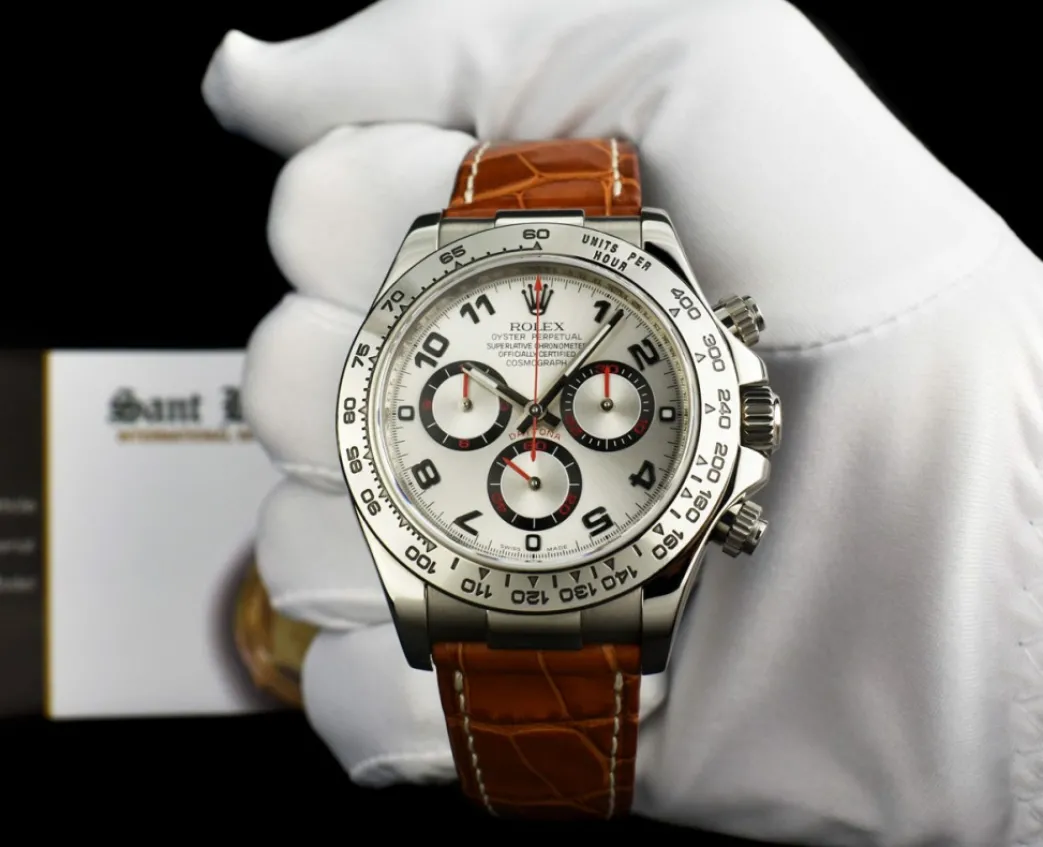 rolex_kt_white_gold_dayto_1-1.webp Racing Professional Watches | Sant Blanc ROLEX 18kt White Gold Daytona Silver Dial Honey Brown Strap Model 116519