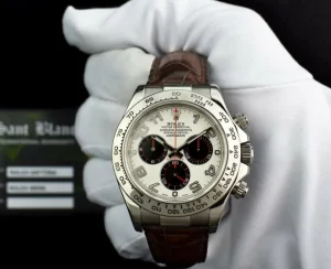 Sports Watches | Racing Professional Watches | Sant Blanc ROLEX 18kt White Gold Daytona Panda Arabic on Brown Strap Model 116519