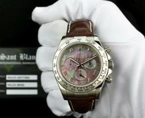 Sports Watches | Racing Professional Watches | Sant Blanc ROLEX 18kt White Gold Daytona on Brown Strap MOP Roman Dial Model 116519