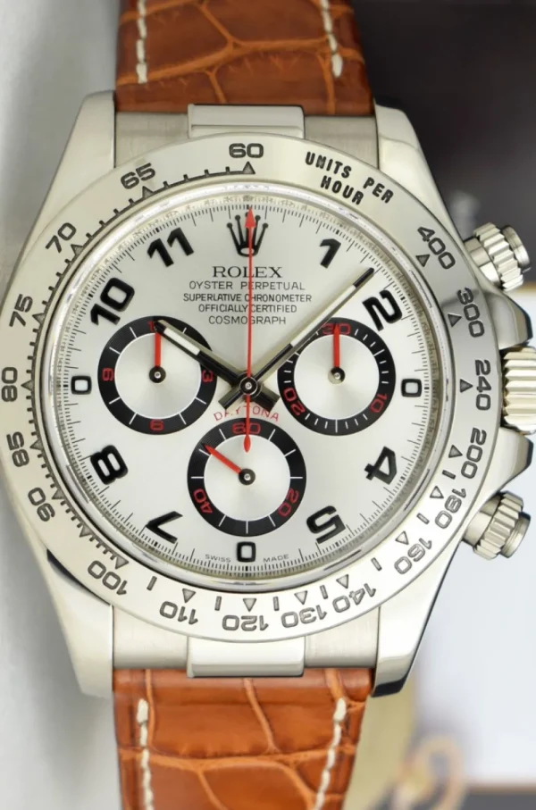 Racing Professional Watches | Sant Blanc ROLEX 18kt White Gold Daytona Silver Dial Honey Brown Strap Model 116519