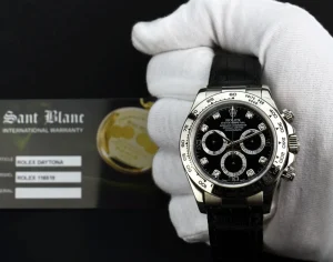 Sports Watches | Racing Professional Watches | Sant Blanc ROLEX 18kt White Gold Daytona on Strap Black Diamond Dial Model 116519