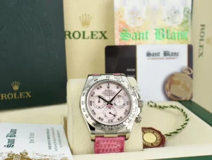 Racing Professional Watches | Sant Blanc ROLEX 18kt White Gold Daytona Rose Mother of Pearl Dial Lizzard Pink Strap Model 116519