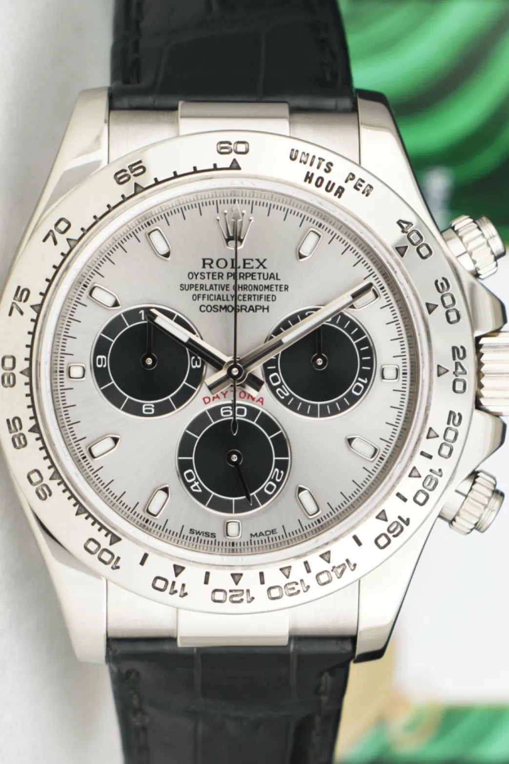 rolex_kt_white_gold_dayto_2.webp Racing Professional Watches | Sant Blanc ROLEX 18kt White Gold Daytona Steel Slate Panda Leather Strap Model 116519