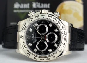 Sports Watches | Racing Professional Watches | Sant Blanc ROLEX 18kt White Gold Daytona on Strap Black Diamond Dial Model 116519