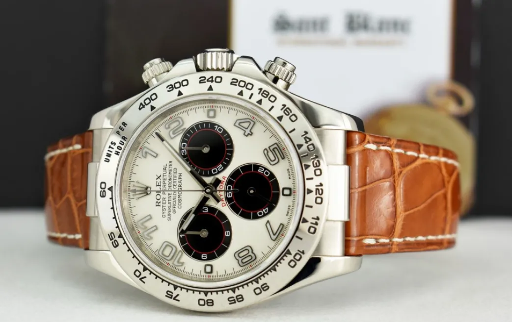 rolex_kt_white_gold_dayto_3-4.webp Racing Professional Watches | Sant Blanc ROLEX 18kt White Gold Daytona "Panda" Dial Honey Brown Strap Model 116519