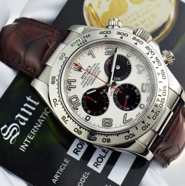 Sports Watches | Racing Professional Watches | Sant Blanc ROLEX 18kt White Gold Daytona Panda Arabic on Brown Strap Model 116519