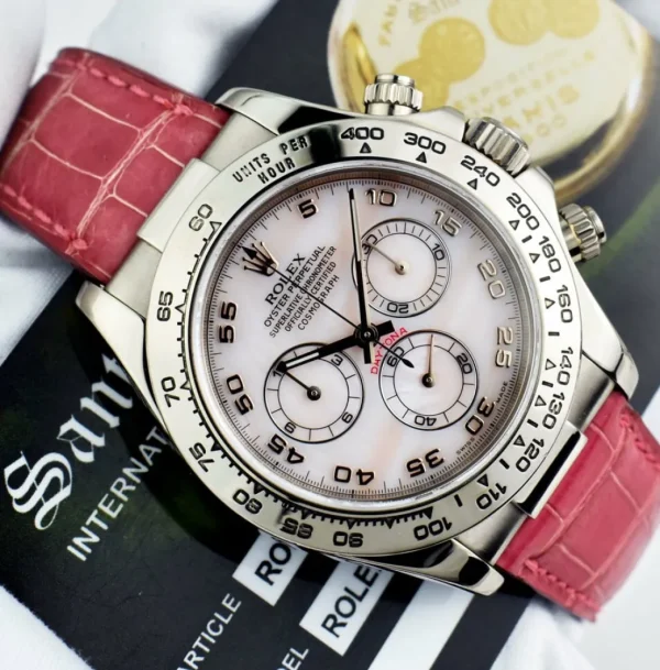 Sports Watches | Racing Professional Watches | Sant Blanc ROLEX 18kt White Gold Daytona Rose MOP Arabic Dial on Pink Crocodile Strap Model 116519
