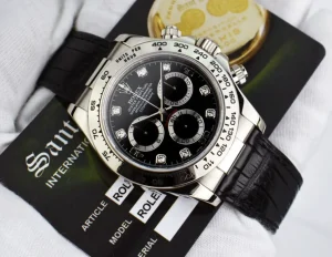 Sports Watches | Racing Professional Watches | Sant Blanc ROLEX 18kt White Gold Daytona on Strap Black Diamond Dial Model 116519