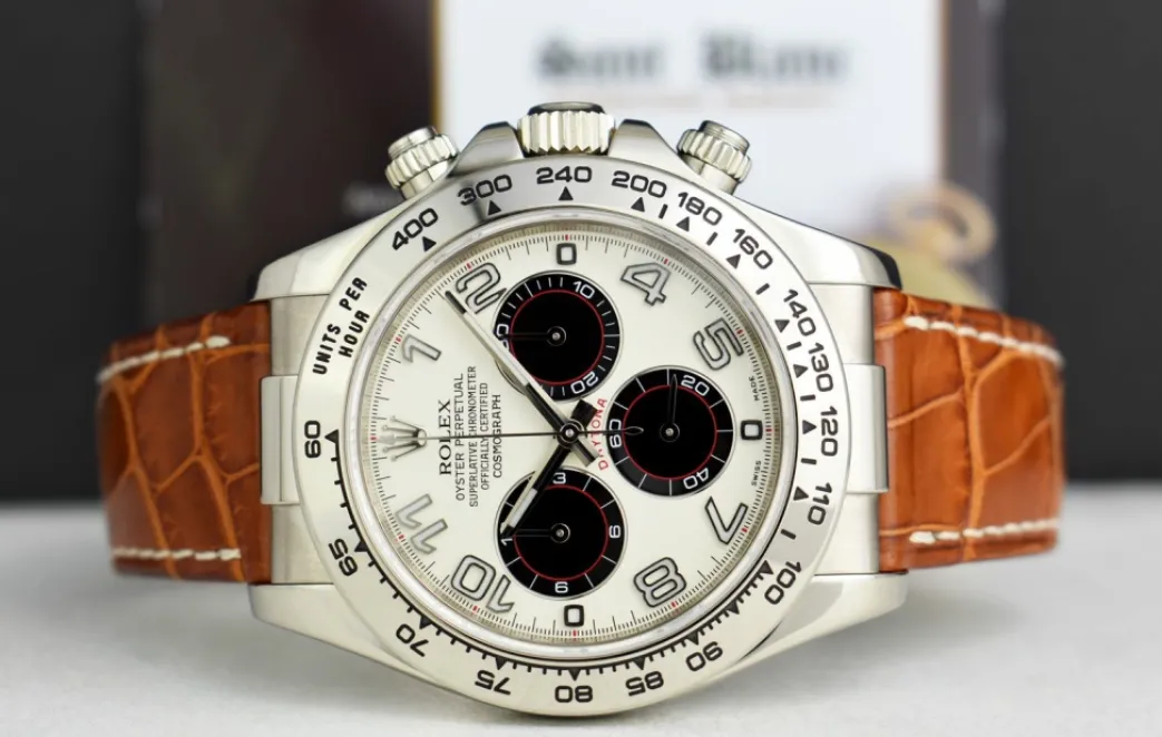 rolex_kt_white_gold_dayto_4-4.webp Racing Professional Watches | Sant Blanc ROLEX 18kt White Gold Daytona "Panda" Dial Honey Brown Strap Model 116519